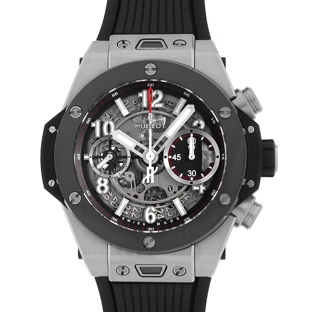 HUBLOT BIG BANG UNICO TITANIUM CERAMIC WATCH: HUBLOT Big Bang Unico Titanium Ceramic Watch Brand: HUBLOT Type: Wrist watch Material: Band Material rubber, Case Material Titanium Color: Dial Colour Skeleton Size: Case:W42mm Accessories: None <