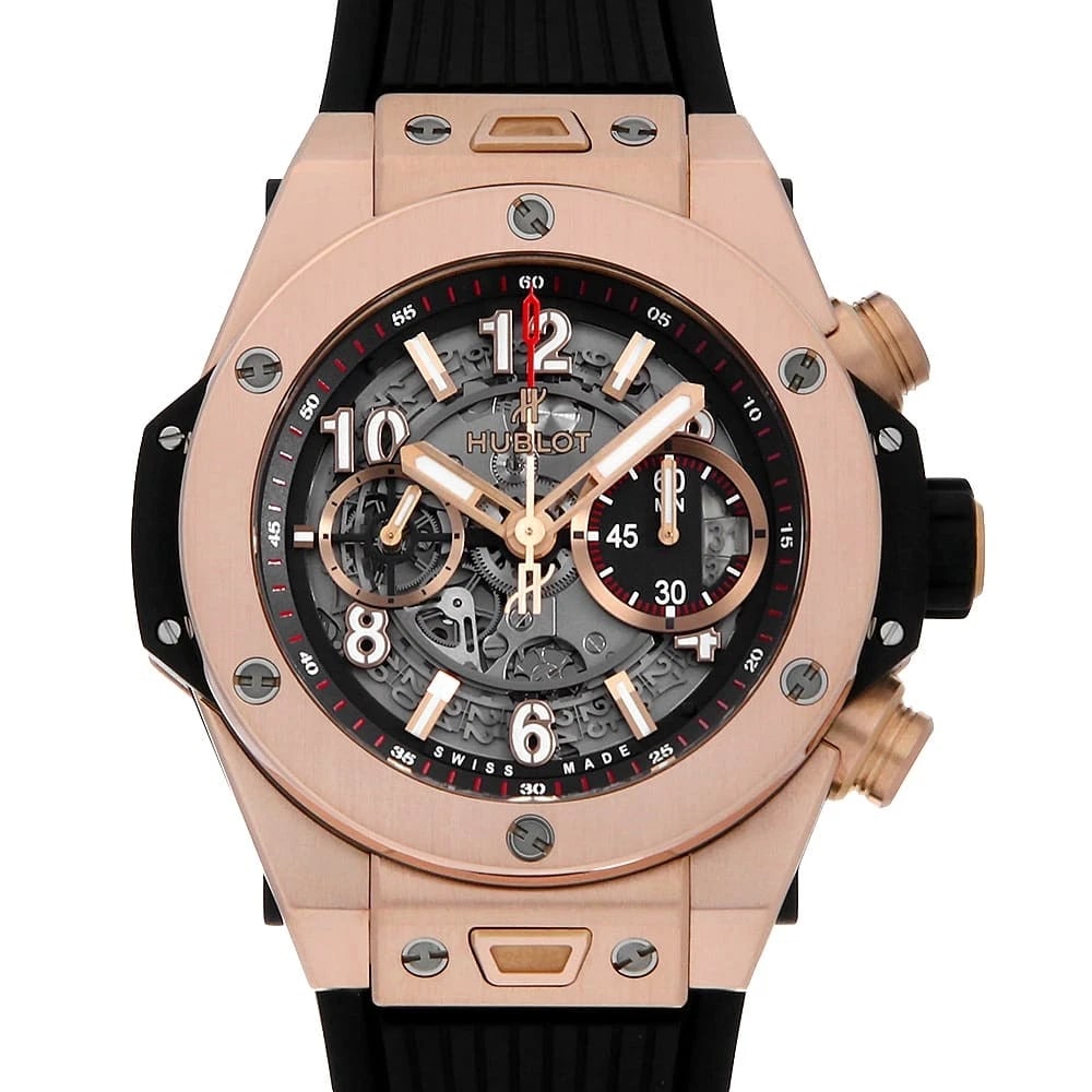HUBLOT BIG BANG UNICO KING GOLD WATCH: HUBLOT Big Bang Unico King Gold Watch Brand: HUBLOT Type: Wrist watch Material: Band Material rubber, Case Material King Gold Color: Dial Colour Skeleton Size: Case:W45mm Accessories: None