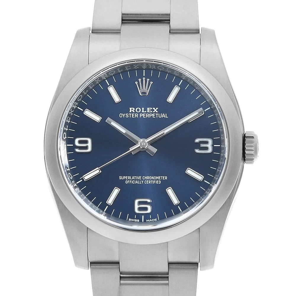 ROLEX OYSTER PERPETUAL BLUE WHITE WATCH: ROLEX Oyster perpetual blue white Watch Brand: ROLEX Type: Wrist watch Material: Band Material Stainless Steel, Case Material Stainless Steel Color: Dial Colour Blue Size: Case:W36mm Circumference of 