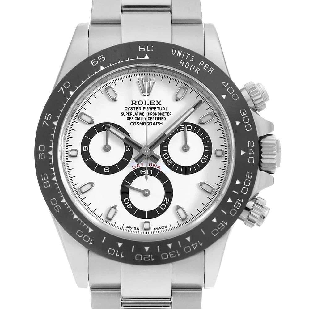 ROLEX COSMOGRAPH DAYTONA WHITE WATCH: ROLEX Cosmograph Daytona white Watch Brand: ROLEX Type: Wrist watch Material: Band Material Stainless Steel, Case Material Stainless Steel Color: Dial Colour White Size: Case:W40mm Circumference of Wr
