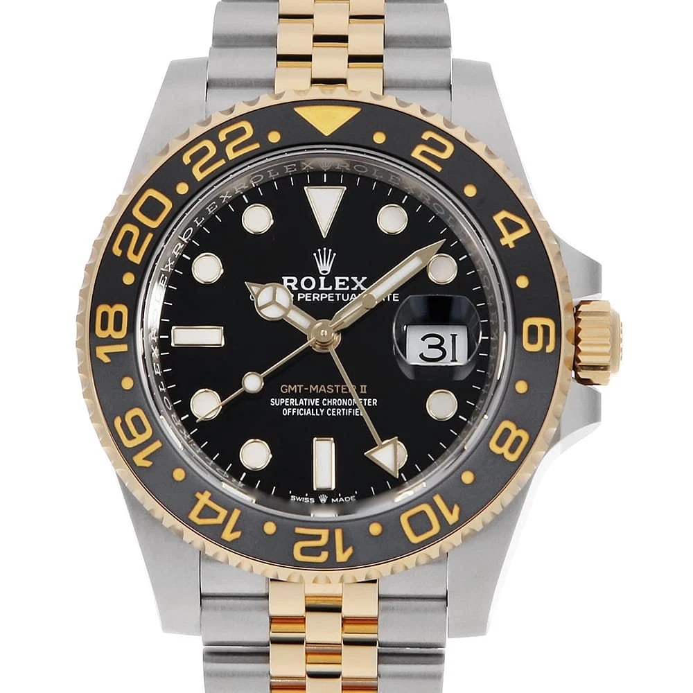 ROLEX GMT MASTER BLACK WATCH: ROLEX GMT Master black Watch Brand: ROLEX Type: Wrist watch Material: Band Material Stainless Steel/Yellow Gold, Case Material Stainless Steel/Yellow Gold Color: Dial Colour Black Size: Case:W40mm Cir