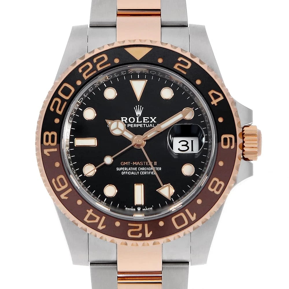ROLEX GMT MASTER BLACK WATCH: ROLEX GMT Master black Watch Brand: ROLEX Type: Wrist watch Material: Band Material Stainless Steel/Everrose gold, Case Material Stainless Steel/Everrose gold Color: Dial Colour Black Size: