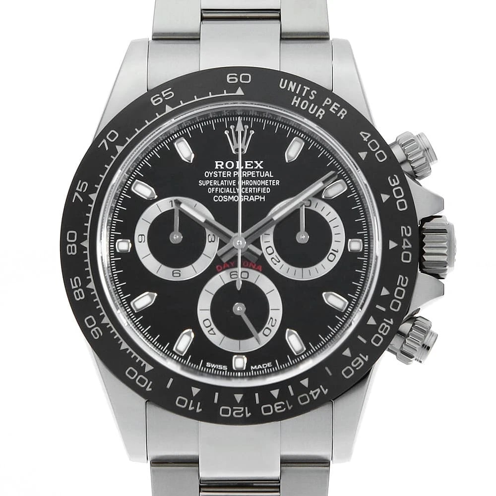 ROLEX COSMOGRAPH DAYTONA BLACK WATCH: ROLEX Cosmograph Daytona black Watch Brand: ROLEX Type: Wrist watch Material: Band Material Stainless Steel, Case Material Stainless Steel Color: Dial Colour Black Size: Case:W40mm Circumference of