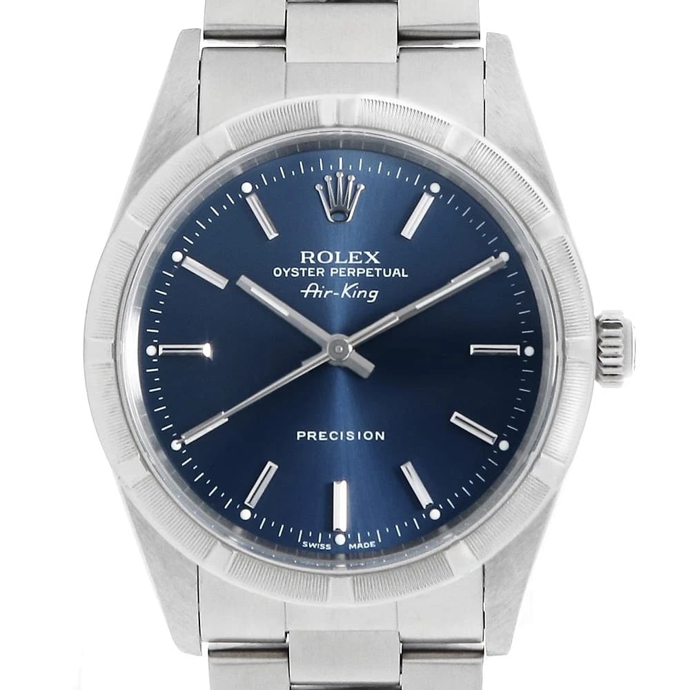 ROLEX AIR KING BLUE WATCH: ROLEX Air king blue Watch Brand: ROLEX Type: Wrist watch Material: Band Material Stainless Steel, Case Material Stainless Steel Color: Dial Colour Blue Size: Case:W34mm Circumference of Wrist:18cm