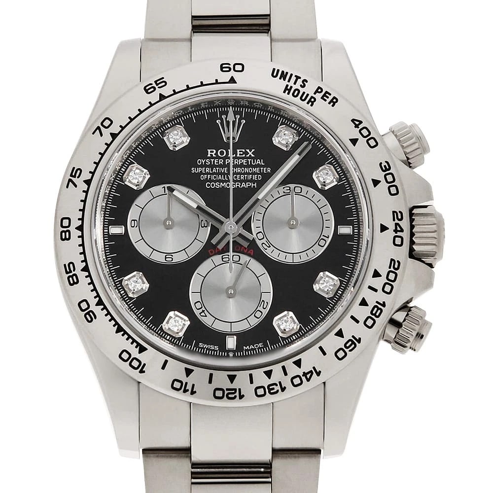 ROLEX COSMOGRAPH DAYTONA DIAMOND BLACK X STEEL WATCH: ROLEX Cosmograph Daytona diamond black x Steel Watch Brand: ROLEX Type: Wrist watch Material: Band Material White Gold, Case Material White Gold Color: Dial Colour Black Size: Case:W40mm Circumference