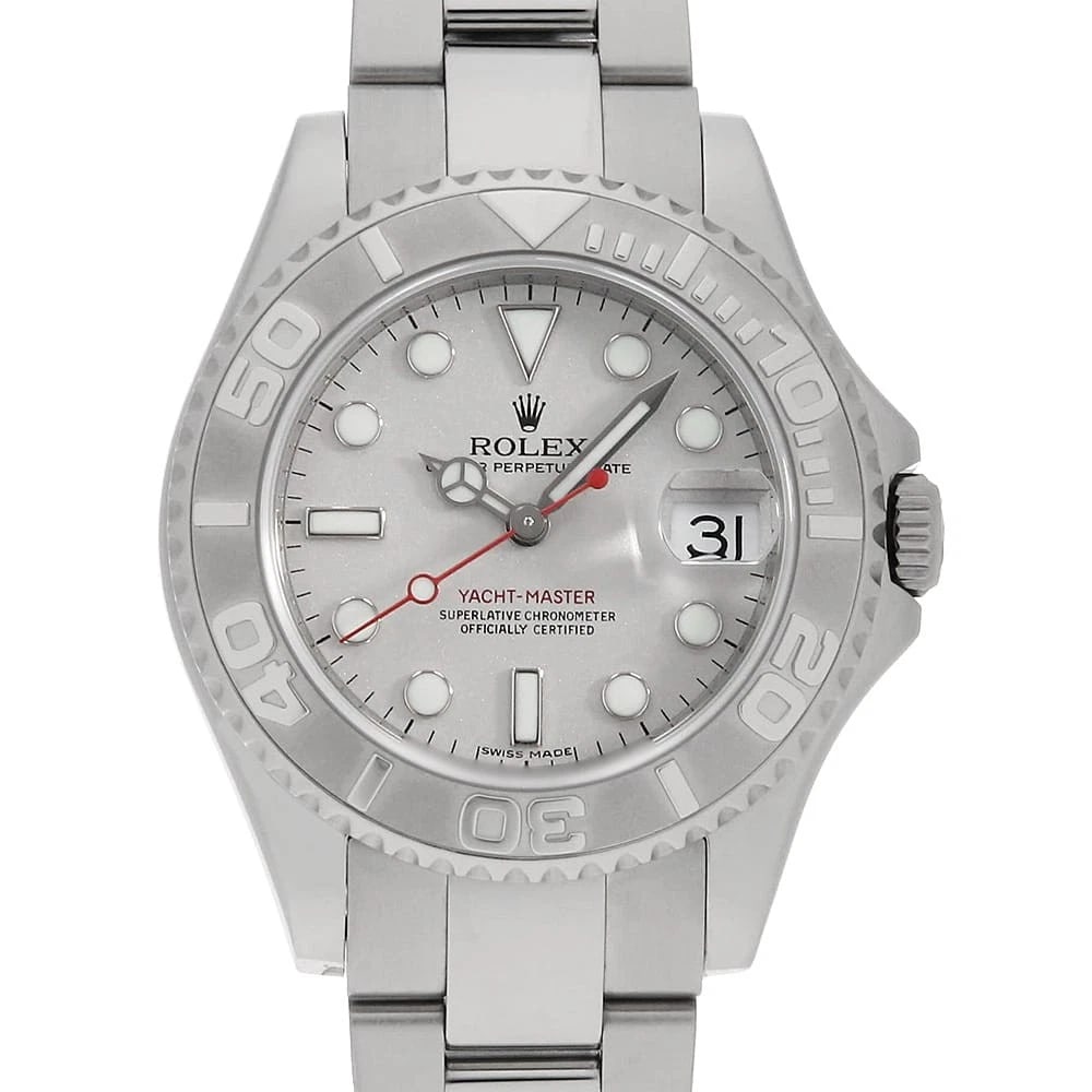 ROLEX YACHT MASTER SILVER WATCH: ROLEX Yacht master Silver Watch Brand: ROLEX Type: Wrist watch Material: Band Material Stainless Steel, Case Material Stainless Steel/Platinum Color: Dial Colour Silver Size: Case:W34mm Circumference 