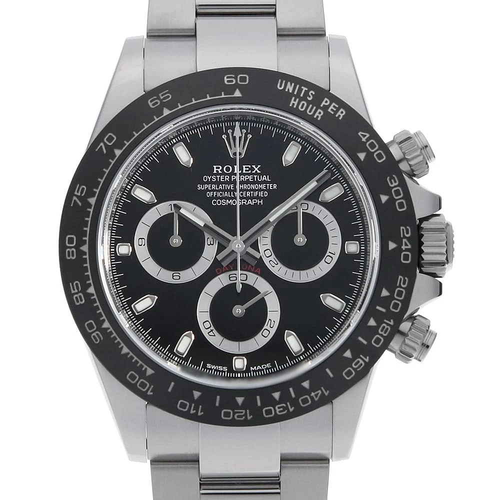 ROLEX COSMOGRAPH DAYTONA BLACK WATCH: ROLEX Cosmograph Daytona black Watch Brand: ROLEX Type: Wrist watch Material: Band Material Stainless Steel, Case Material Stainless Steel Color: Dial Colour Black Size: Case:W40mm Circumference of