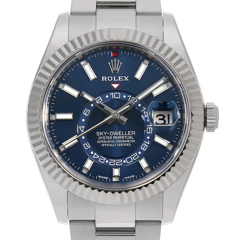 ROLEX SKY-DWELLER BLUE ROW OYSTER BRACELET WATCH: ROLEX SKY-DWELLER blue row oyster bracelet Watch Brand: ROLEX Type: Wrist watch Material: Band Material Stainless Steel, Case Material Stainless Steel/White gold Color: Dial Colour Blue Size: Case:W42