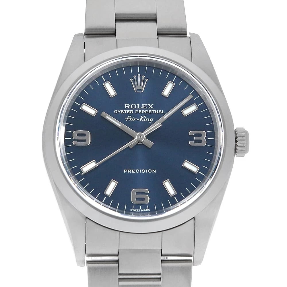 ROLEX AIR KING BLUE WHITE WATCH: ROLEX Air king blue white Watch Brand: ROLEX Type: Wrist watch Material: Band Material Stainless Steel, Case Material Stainless Steel Color: Dial Colour Blue Size: Case:W34mm Circumference of