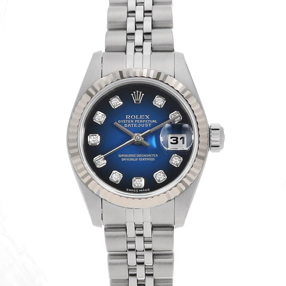 ROLEX DATEJUST DIAMOND BLUE GRADATION WATCH: ROLEX Datejust Diamond blue Gradation Watch Brand: ROLEX Type: Wrist watch Material: Band Material Stainless Steel, Case Material Stainless Steel/White gold Color: Dial Colour Blue Size: Case:W26mm