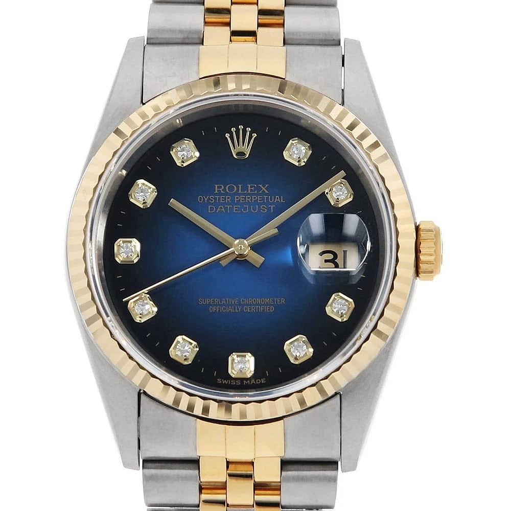 ROLEX DATEJUST DIAMOND BLUE WATCH: ROLEX Datejust Diamond blue Watch Brand: ROLEX Type: Wrist watch Material: Band Material Stainless Steel/Yellow Gold, Case Material Stainless Steel/Yellow Gold Color: Dial Colour Blue Size: