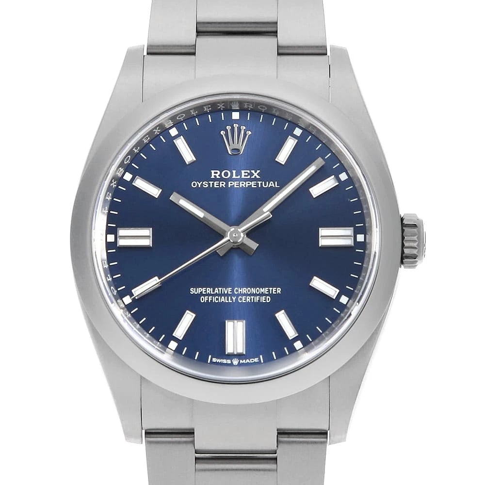 ROLEX OYSTER PERPETUAL BLUE WATCH: ROLEX Oyster Perpetual blue Watch Brand: ROLEX Type: Wrist watch Material: Band Material Stainless Steel, Case Material Stainless Steel Color: Dial Colour Blue Size: Case:W36mm Circumference of