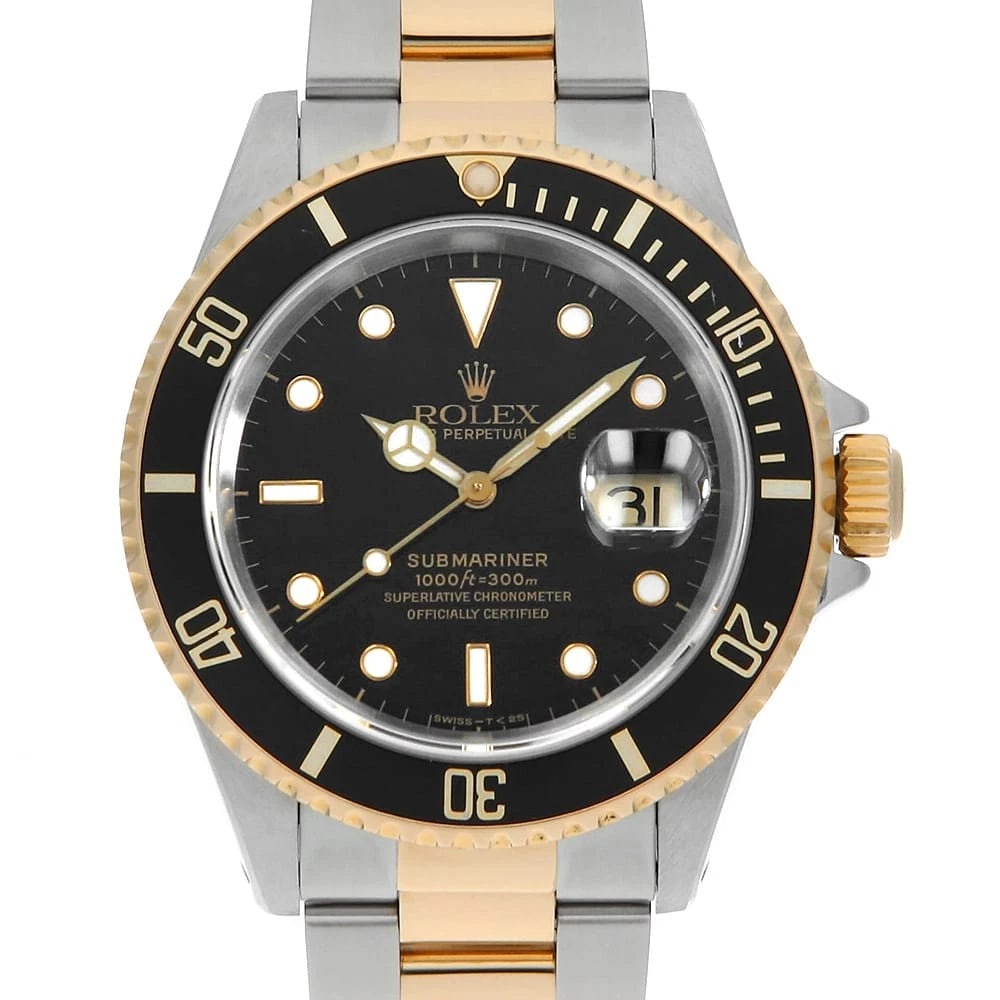 ROLEX SUBMARINER DATE BLACK ALL TRITIUM WATCH: ROLEX SUBMARINER Date black all tritium Watch Brand: ROLEX Type: Wrist watch Material: Band Material Stainless Steel/Yellow Gold, Case Material Stainless Steel/Yellow Gold Color: Dial Colour Black