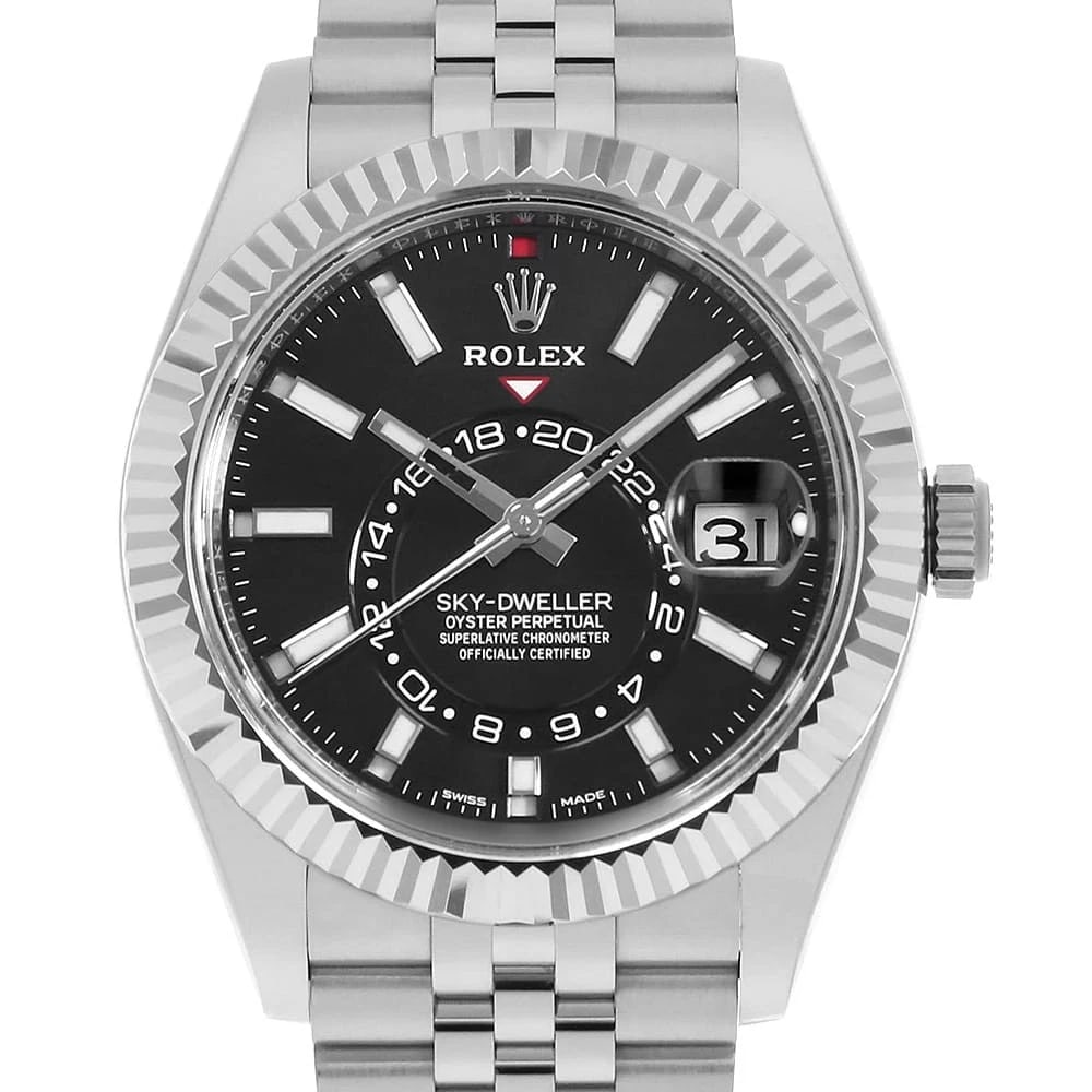 ROLEX SKY-DWELLER BLACK ROW JUBILEE BRACELET WATCH: ROLEX SKY-DWELLER black row jubilee bracelet Watch Brand: ROLEX Type: Wrist watch Material: Band Material Stainless Steel, Case Material Stainless Steel/White gold Color: Dial Colour Black Size: