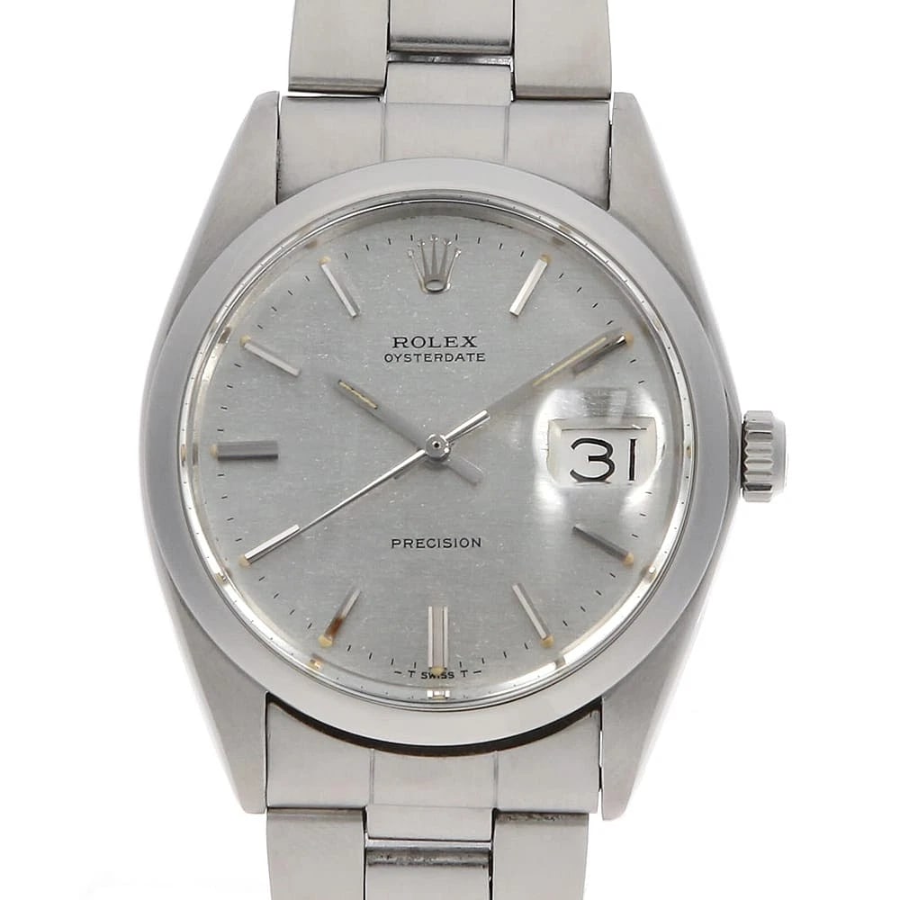 ROLEX OYSTER DATE SILVER WATCH: ROLEX Oyster Date Silver Watch Brand: ROLEX Type: Wrist watch Material: Band Material Stainless Steel, Case Material Stainless Steel Color: Dial Colour Silver Size: Case:W34mm Circumference of