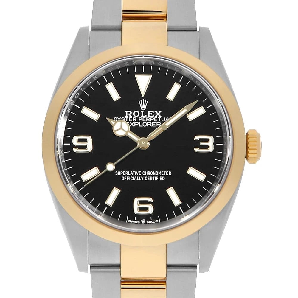 ROLEX EXPLORER BLACK WATCH: ROLEX Explorer black Watch Brand: ROLEX Type: Wrist watch Material: Band Material Stainless Steel/Yellow Gold, Case Material Stainless Steel/Yellow Gold Color: Dial Colour Black Size: Case:W36mm Circu