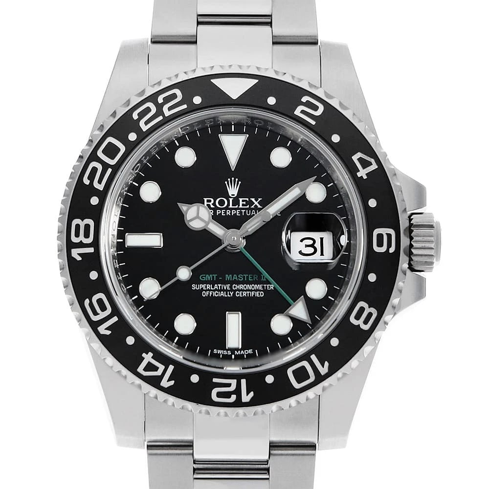 ROLEX GMT MASTER BLACK WATCH: ROLEX GMT Master black Watch Brand: ROLEX Type: Wrist watch Material: Band Material Stainless Steel, Case Material Stainless Steel Color: Dial Colour Black Size: Case:W40mm Circumference of Wrist:18cm