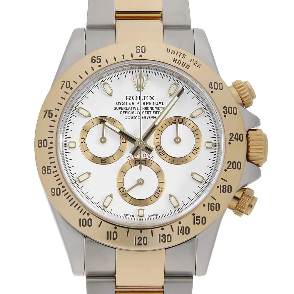 ROLEX COSMOGRAPH DAYTONA WHITE WATCH: ROLEX Cosmograph Daytona white Watch Brand: ROLEX Type: Wrist watch Material: Band Material Stainless Steel/Yellow Gold, Case Material Stainless Steel/Yellow Gold Color: Dial Colour White Size: Case:W
