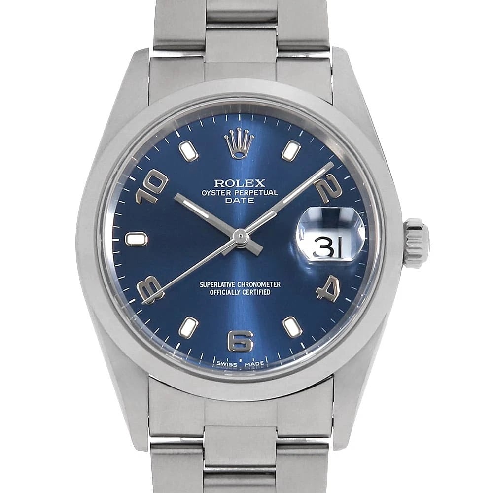 ROLEX OYSTER PERPETUAL DATE BLUE WATCH: ROLEX Oyster Perpetual Date blue Watch Brand: ROLEX Type: Wrist watch Material: Band Material Stainless Steel, Case Material Stainless Steel Color: Dial Colour Blue Size: Case:W34mm Circumference of W