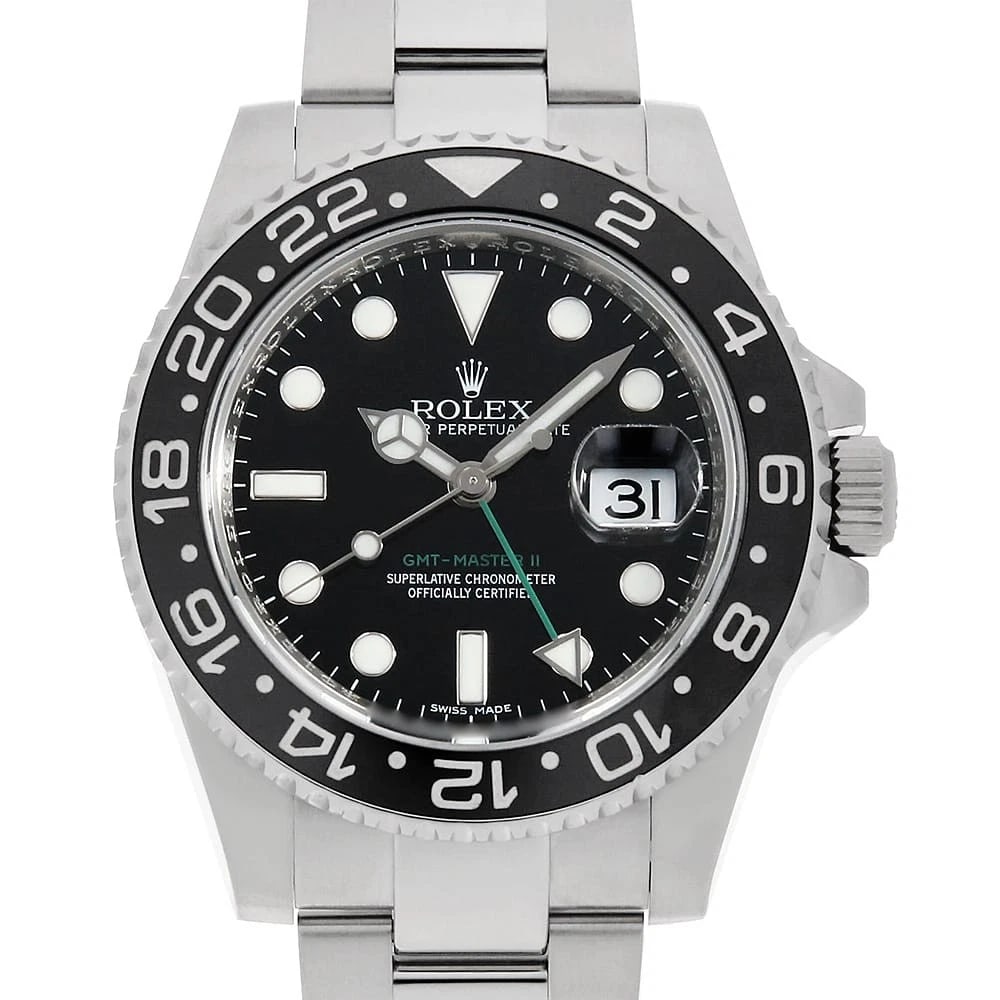 ROLEX GMT MASTER BLACK STICK WATCH: ROLEX GMT Master black Stick Watch Brand: ROLEX Type: Wrist watch Material: Band Material Stainless Steel, Case Material Stainless Steel Color: Dial Colour Black Size: Case:W40mm Circumference of Wris
