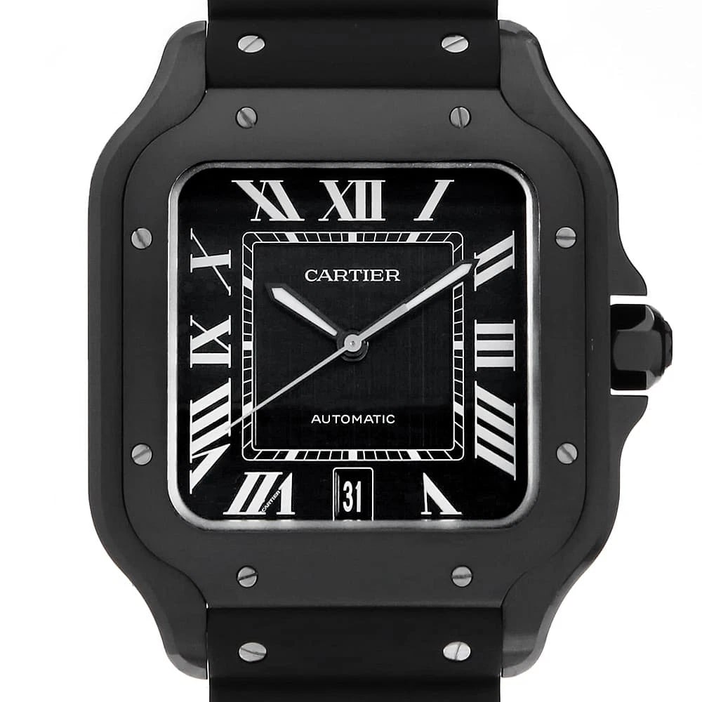 CARTIER SANTOS WATCH: Cartier Santos Watch Brand: Cartier Type: Wrist watch Material: Band Material rubber, Case Material Stainless Steel(DLC coating) Color: Dial Colour Black Size: Case:W40mm Accessories: None