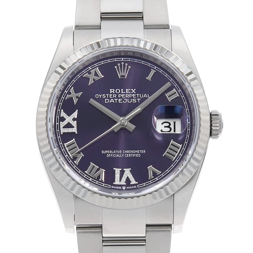 ROLEX DATEJUST DIAMOND AUBERZINE WATCH: ROLEX Datejust Diamond Auberzine Watch Brand: ROLEX Type: Wrist watch Material: Band Material Stainless Steel, Case Material Stainless Steel/White gold Color: Dial Colour Aubergine Size: Case:W36mm