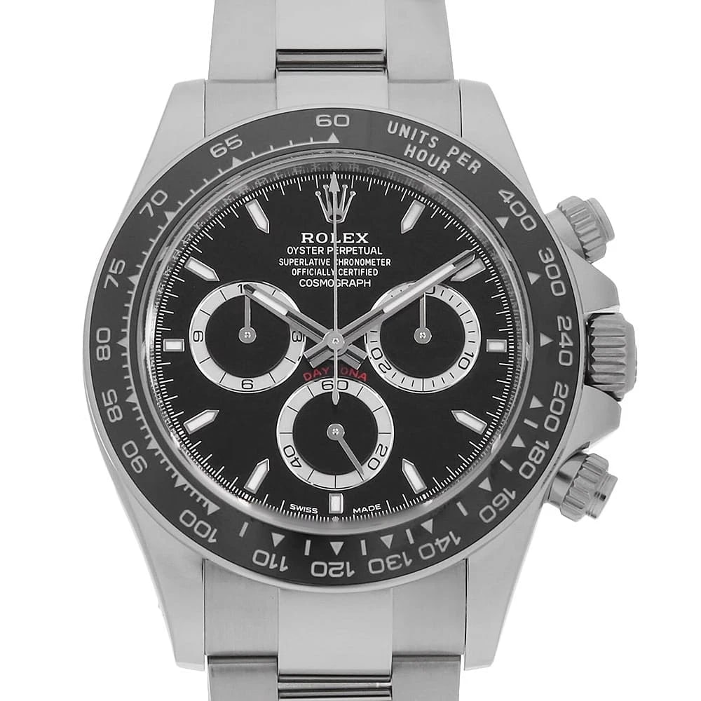 ROLEX COSMOGRAPH DAYTONA BLACK WATCH: ROLEX Cosmograph Daytona black Watch Brand: ROLEX Type: Wrist watch Material: Band Material Stainless Steel, Case Material Stainless Steel Color: Dial Colour Black Size: Case:W40mm Circumference of