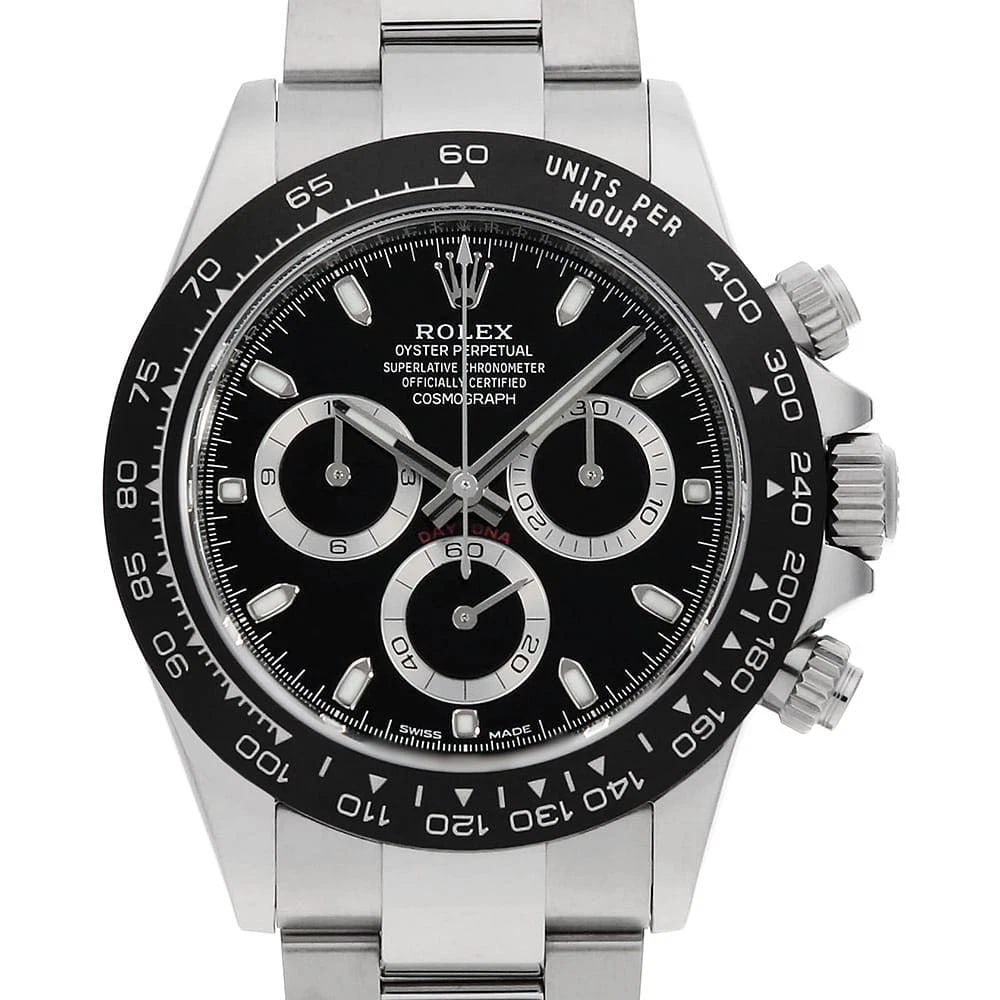 ROLEX COSMOGRAPH DAYTONA BLACK WATCH: ROLEX Cosmograph Daytona black Watch Brand: ROLEX Type: Wrist watch Material: Band Material Stainless Steel, Case Material Stainless Steel Color: Dial Colour Black Size: Case:W40mm Circumference of Wr
