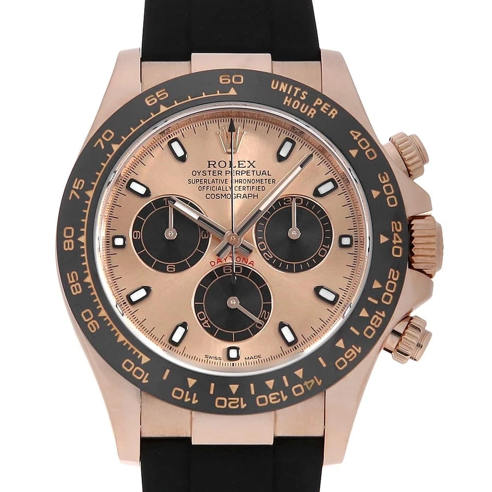ROLEX COSMOGRAPH DAYTONA PINK X BLACK WATCH: ROLEX Cosmograph Daytona Pink x Black Watch Brand: ROLEX Type: Wrist watch Material: Band Material rubber, Case Material Everose Gold Color: Dial Colour Pink and Black Size: Case:W40mm Circumference o