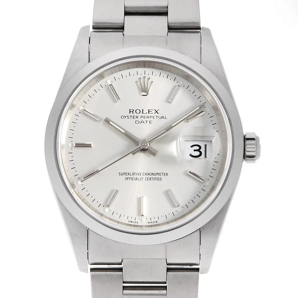 ROLEX OYSTER PERPETUAL DATE SILVER WATCH: ROLEX Oyster Perpetual Date Silver Watch Brand: ROLEX Type: Wrist watch Material: Band Material Stainless Steel, Case Material Stainless Steel Color: Dial Colour Silver Size: Case:W34mm Circumference 