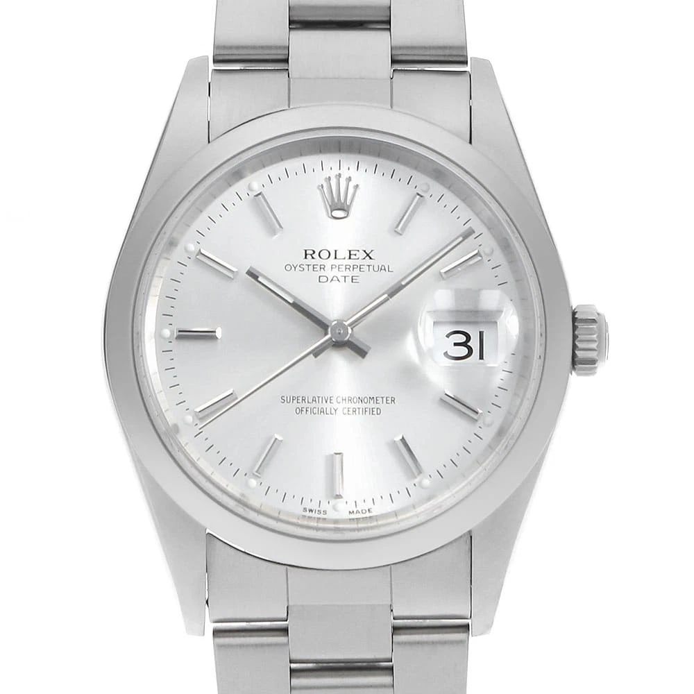 ROLEX OYSTER PERPETUAL DATE SILVER WATCH: ROLEX Oyster Perpetual Date Silver Watch Brand: ROLEX Type: Wrist watch Material: Band Material Stainless Steel, Case Material Stainless Steel Color: Dial Colour Silver Size: Case:W34mm Circumference 
