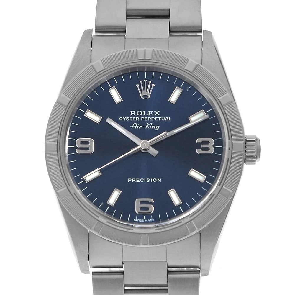 ROLEX AIR KING BLUE WHITE WATCH: ROLEX Air king blue white Watch Brand: ROLEX Type: Wrist watch Material: Band Material Stainless Steel, Case Material Stainless Steel Color: Dial Colour Blue Size: Case:W34mm Circumference of Wrist:19