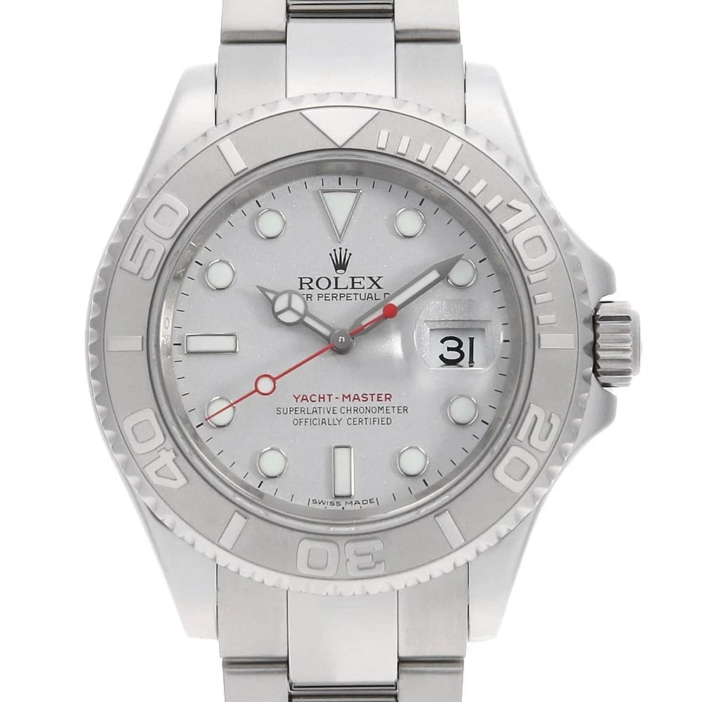 ROLEX YACHT MASTER SILVER WATCH: ROLEX Yacht master Silver Watch Brand: ROLEX Type: Wrist watch Material: Band Material Stainless Steel, Case Material Stainless Steel/Platinum Color: Dial Colour Silver Size: Case:W40mm Circumference 