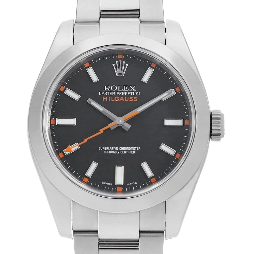 ROLEX MILGAUSS BLACK OVERSEAS WATCH: ROLEX Milgauss black Overseas Watch Brand: ROLEX Type: Wrist watch Material: Band Material Stainless Steel, Case Material Stainless Steel Color: Dial Colour Black Size: Case:W40mm Circumference of Wri