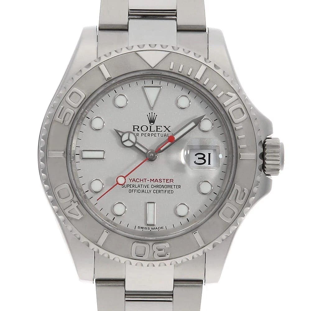 ROLEX YACHT MASTER ROLESIUM SILVER WATCH: ROLEX Yacht Master Rolesium Silver Watch Brand: ROLEX Type: Wrist watch Material: Band Material Stainless Steel, Case Material Stainless Steel/Platinum Color: Dial Colour Silver Size: Case:W40mm Circu