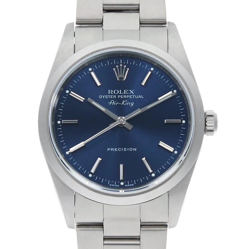 ROLEX AIR KING BLUE WATCH: ROLEX Air king blue Watch Brand: ROLEX Type: Wrist watch Material: Band Material Stainless Steel, Case Material Stainless Steel Color: Dial Colour Blue Size: Case:W34mm Circumference of Wrist:18cm