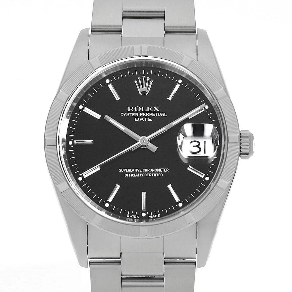 ROLEX OYSTER PERPETUAL DATE BLACK WATCH: ROLEX Oyster Perpetual Date black Watch Brand: ROLEX Type: Wrist watch Material: Band Material Stainless Steel, Case Material Stainless Steel Color: Dial Colour Black Size: Case:W34mm Circumference of