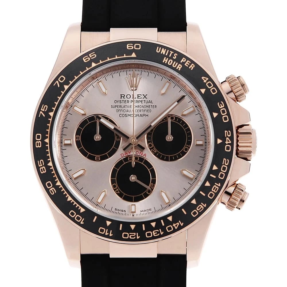 ROLEX COSMOGRAPH DAYTONA SUNDUST X BLACK WATCH: ROLEX Cosmograph Daytona Sundust x black Watch Brand: ROLEX Type: Wrist watch Material: Band Material rubber, Case Material Everose Gold Color: Dial Colour Sundust Size: Case:W40mm Circumference of Wr