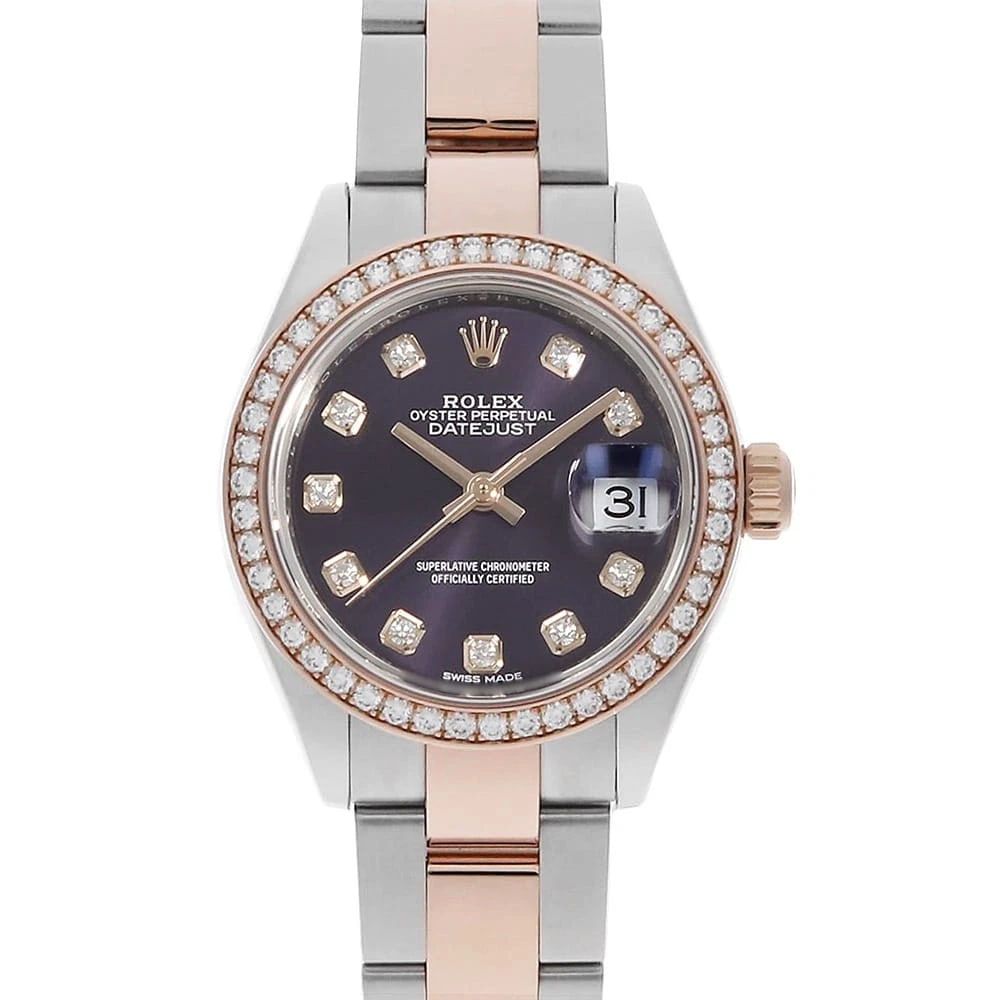 ROLEX DATEJUST BEZEL DIAMOND AUBERZINE WATCH: ROLEX Datejust bezel diamond Auberzine Watch Brand: ROLEX Type: Wrist watch Material: Band Material Stainless Steel/Everose Gold, Case Material Stainless Steel/Everose Gold Color: Dial Colour Aubergin