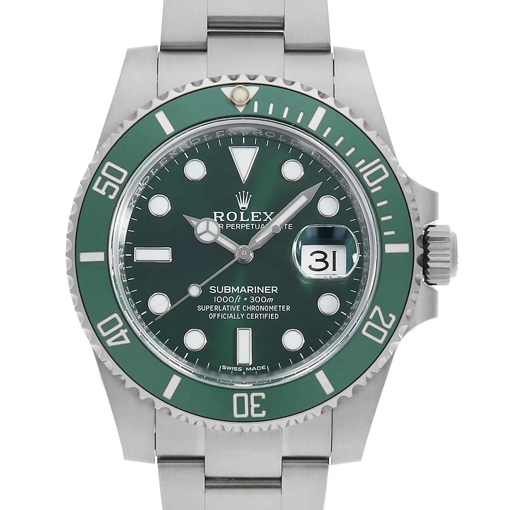 ROLEX SUBMARINER DATE GREEN WATCH: ROLEX SUBMARINER Date green Watch Brand: ROLEX Type: Wrist watch Material: Band Material Stainless Steel, Case Material Stainless Steel Color: Dial Colour Green Size: Case:W40mm Circumference of