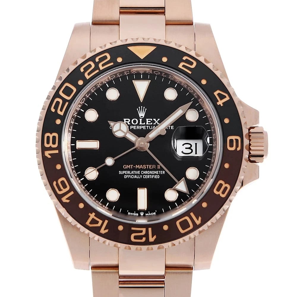 ROLEX GMT MASTER BLACK WATCH: ROLEX GMT Master black Watch Brand: ROLEX Type: Wrist watch Material: Band Material Everose Gold, Case Material Everose Gold Color: Dial Colour Black Size: Case:W40mm Circumference of Wrist:19.5cm