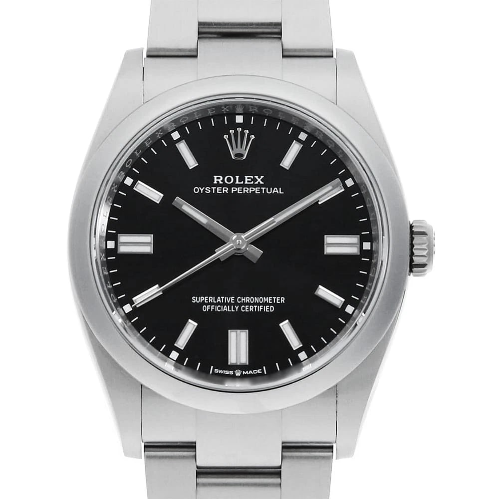 ROLEX OYSTER PERPETUAL BLACK WATCH: ROLEX Oyster Perpetual black Watch Brand: ROLEX Type: Wrist watch Material: Band Material Stainless Steel, Case Material Stainless Steel Color: Dial Colour Black Size: Case:W36mm Circumference of