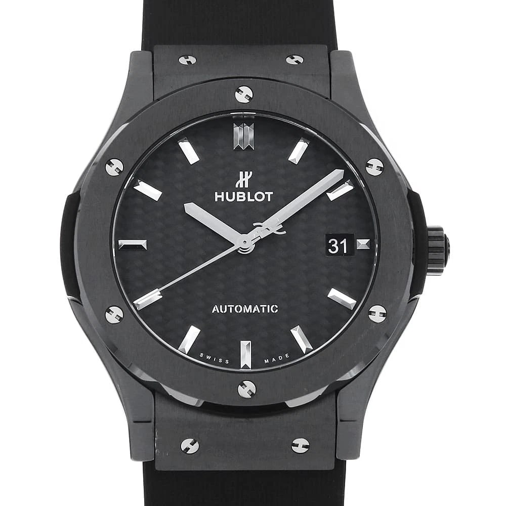 HUBLOT CLASSIC FUSION BLACK MAGIC WATCH: HUBLOT Classic fusion black magic Watch Brand: HUBLOT Type: Wrist watch Material: Band Material rubber, Case Material ceramic/titanium Color: Dial Colour Black Size: Case:W45mm Accessories: None