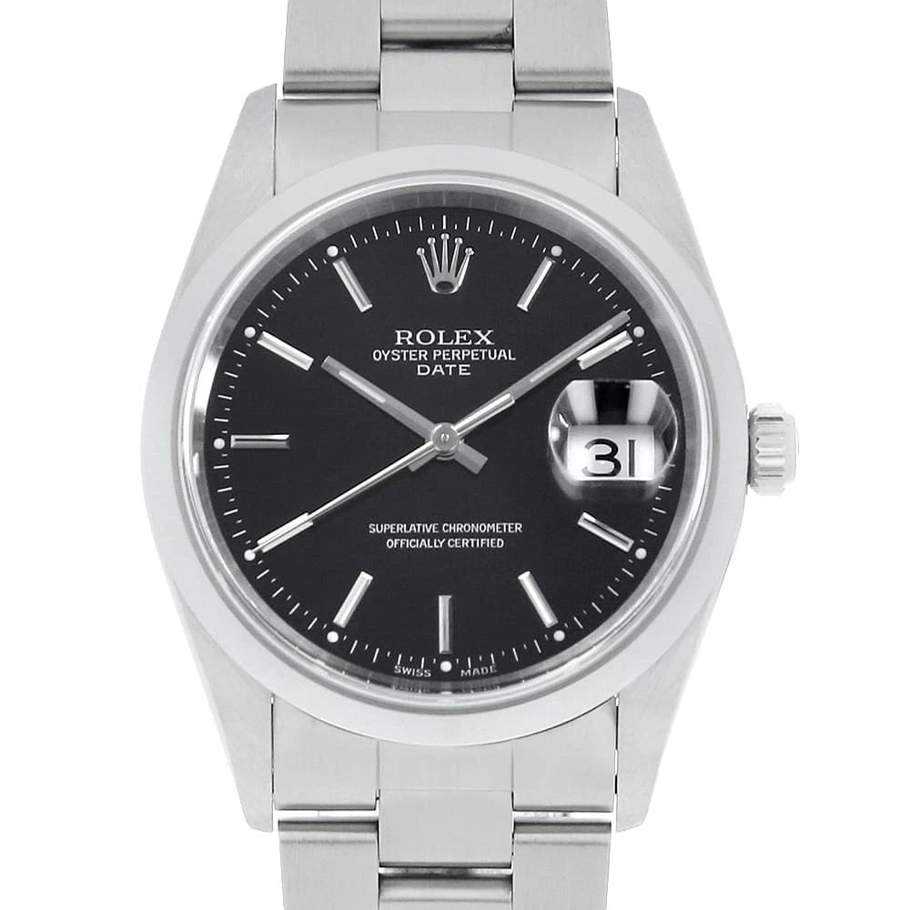 ROLEX OYSTER PERPETUAL DATE BLACK WATCH: ROLEX Oyster Perpetual Date black Watch Brand: ROLEX Type: Wrist watch Material: Band Material Stainless Steel, Case Material Stainless Steel Color: Dial Colour Black Size: Case:W34mm Circumference