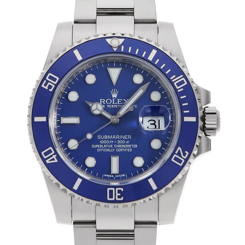 ROLEX SUBMARINER BLUE WATCH: ROLEX SUBMARINER blue Watch Brand: ROLEX Type: Wrist watch Material: Band Material White Gold, Case Material White Gold Color: Dial Colour Blue Size: Case:W40mm Circumference of Wrist:20.5cm