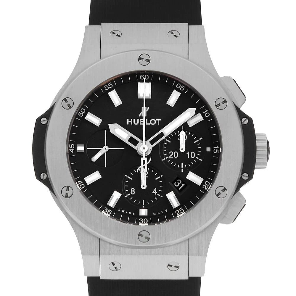 HUBLOT BIG BANG STEEL WATCH: HUBLOT Big bang steel Watch Brand: HUBLOT Type: Wrist watch Material: Band Material rubber, Case Material Stainless Steel Color: Dial Colour Black Size: Case:W44mm Accessories: None Access