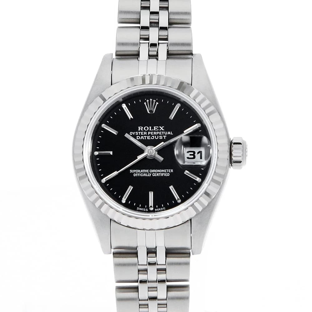 ROLEX DATEJUST BLACK WATCH: ROLEX Datejust black Watch Brand: ROLEX Type: Wrist watch Material: Band Material Stainless Steel, Case Material Stainless Steel/White gold Color: Dial Colour Black Size: Case:W26mm Circumference of W