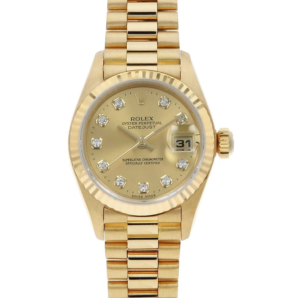 ROLEX DATEJUST DIAMOND CHAMPAGNE WATCH: ROLEX Datejust Diamond Champagne Watch Brand: ROLEX Type: Wrist watch Material: Band Material Yellow Gold, Case Material Yellow Gold Color: Dial Colour Champagne Gold Size: Case:W26mm Circumference of