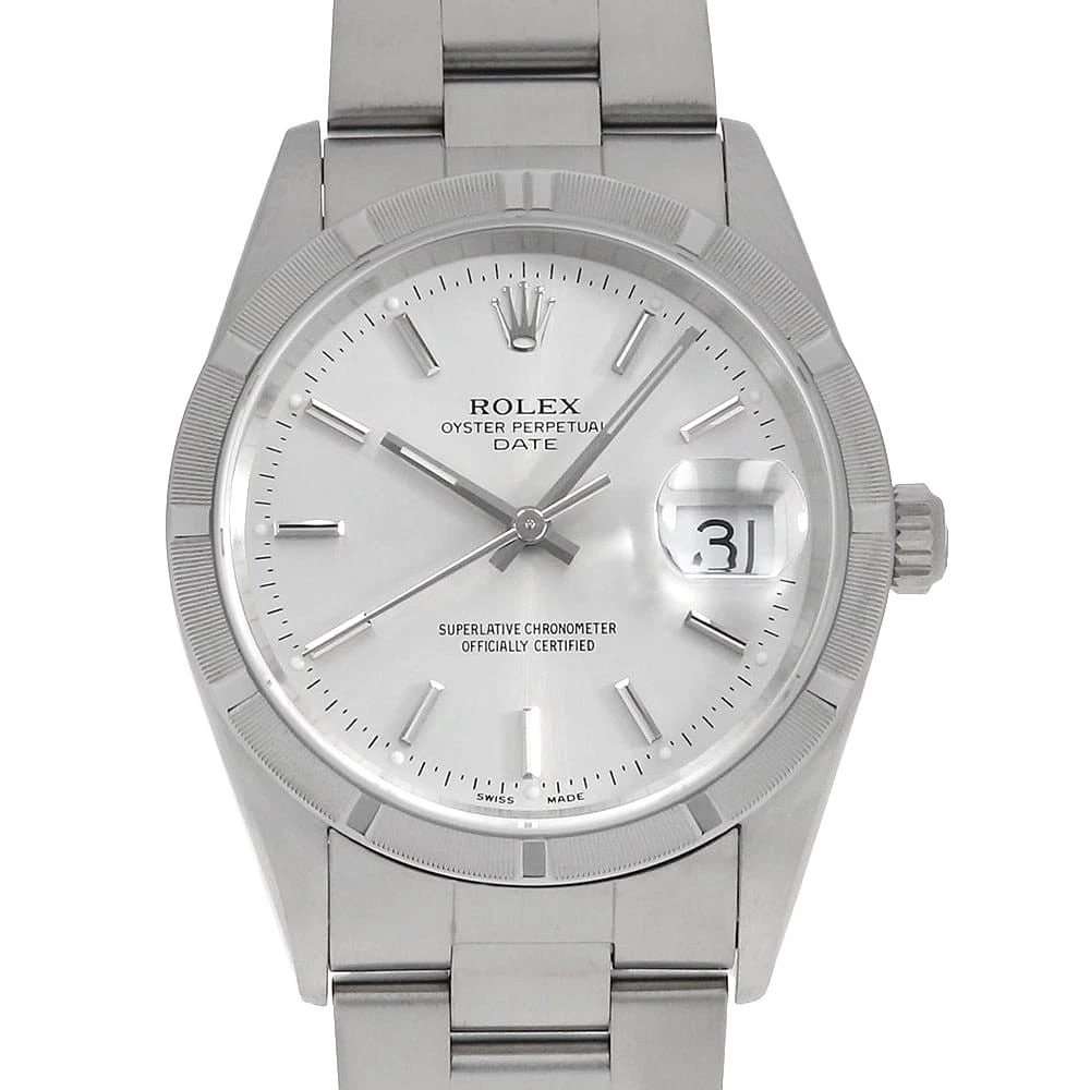 ROLEX OYSTER PERPETUAL DATE SILVER WATCH: ROLEX Oyster Perpetual Date Silver Watch Brand: ROLEX Type: Wrist watch Material: Band Material Stainless Steel, Case Material Stainless Steel Color: Dial Colour Silver Size: Case:W34mm Circumference 