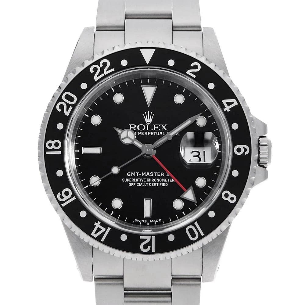 ROLEX GMT MASTER BLACK WATCH: ROLEX GMT Master black Watch Brand: ROLEX Type: Wrist watch Material: Band Material Stainless Steel, Case Material Stainless Steel Color: Dial Colour Black Size: Case:W40mm Circumference of Wrist:18.5
